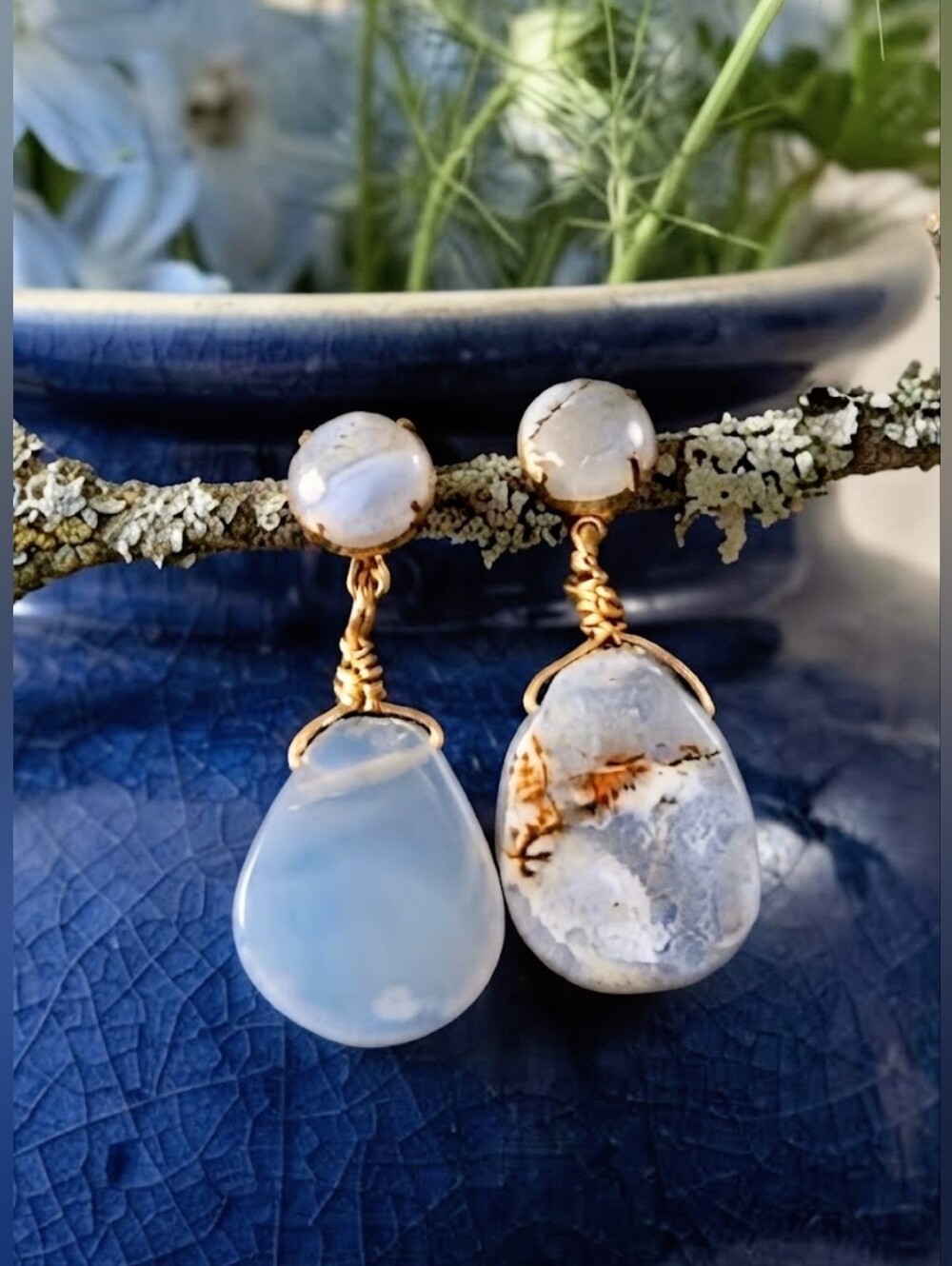Blue Lace Agate/ Chalcedony In Handmade Artisan Drop Gold Plated Earrings